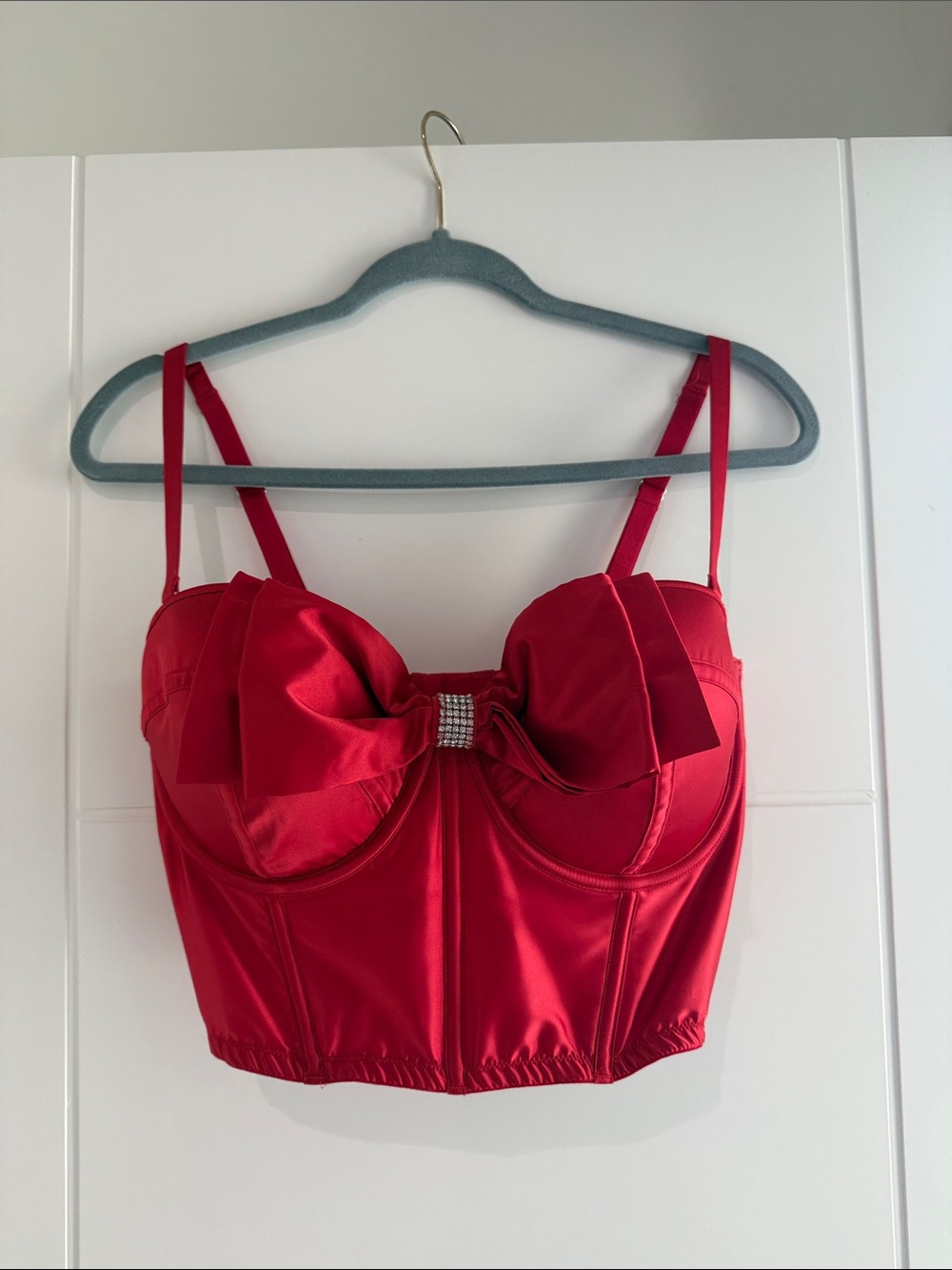 Victoria's Secret Red Satin Bow Bustier Crop Top with Rhinestone Detail